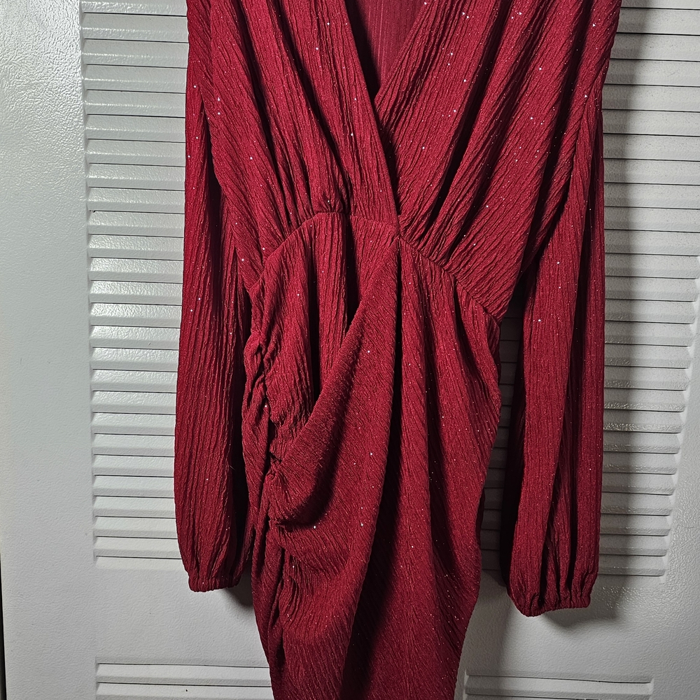 SHEIN Red Long-Sleeve Draped Ruched Evening Dress